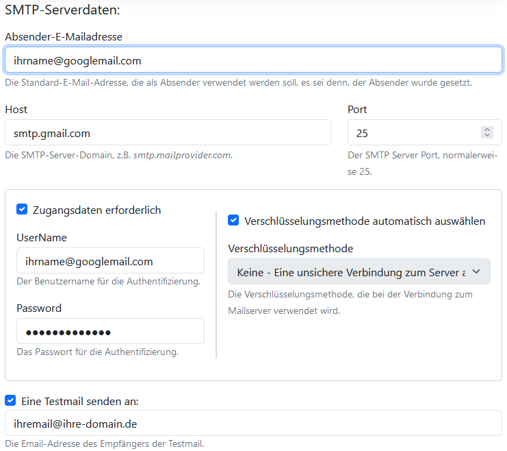 Einstellungen Mailwichtel Massenmails für über Gmail